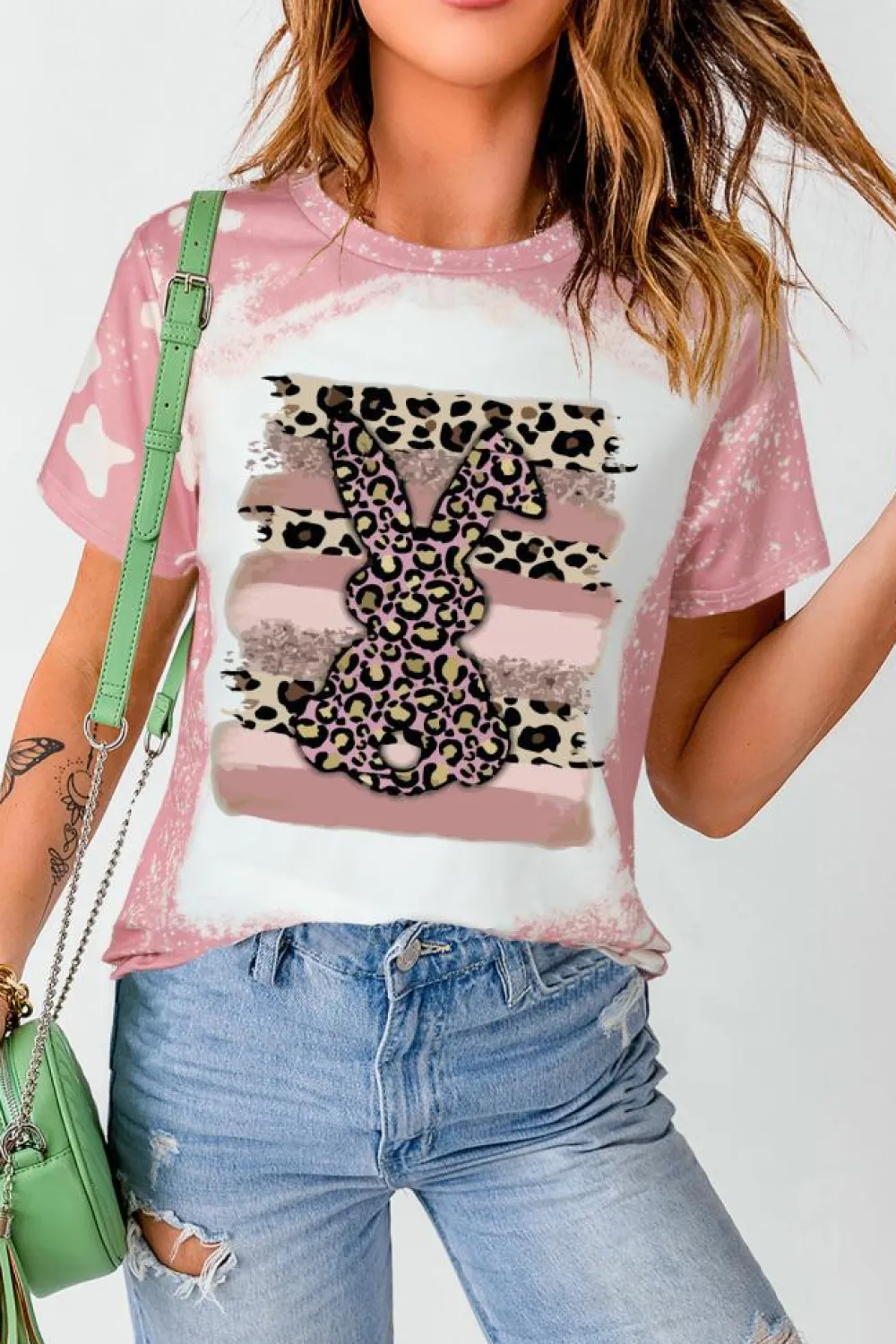 Hot Dear-Lover Tie Dye Contrast Leopard Rabbit Graphic T Shirt Pink