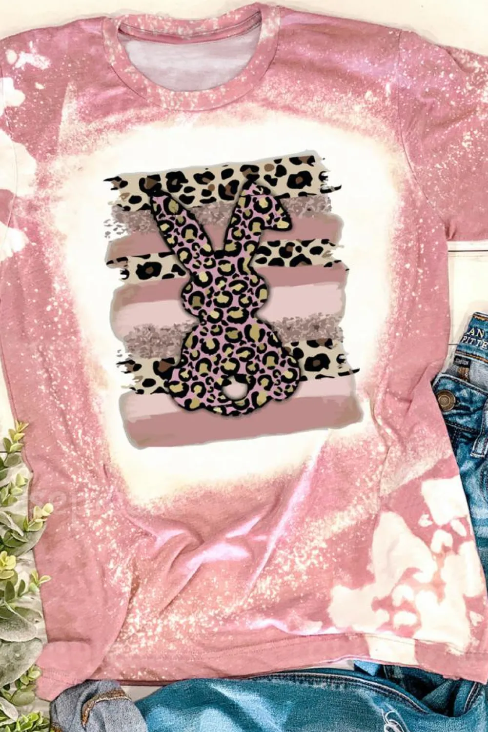 Hot Dear-Lover Tie Dye Contrast Leopard Rabbit Graphic T Shirt Pink