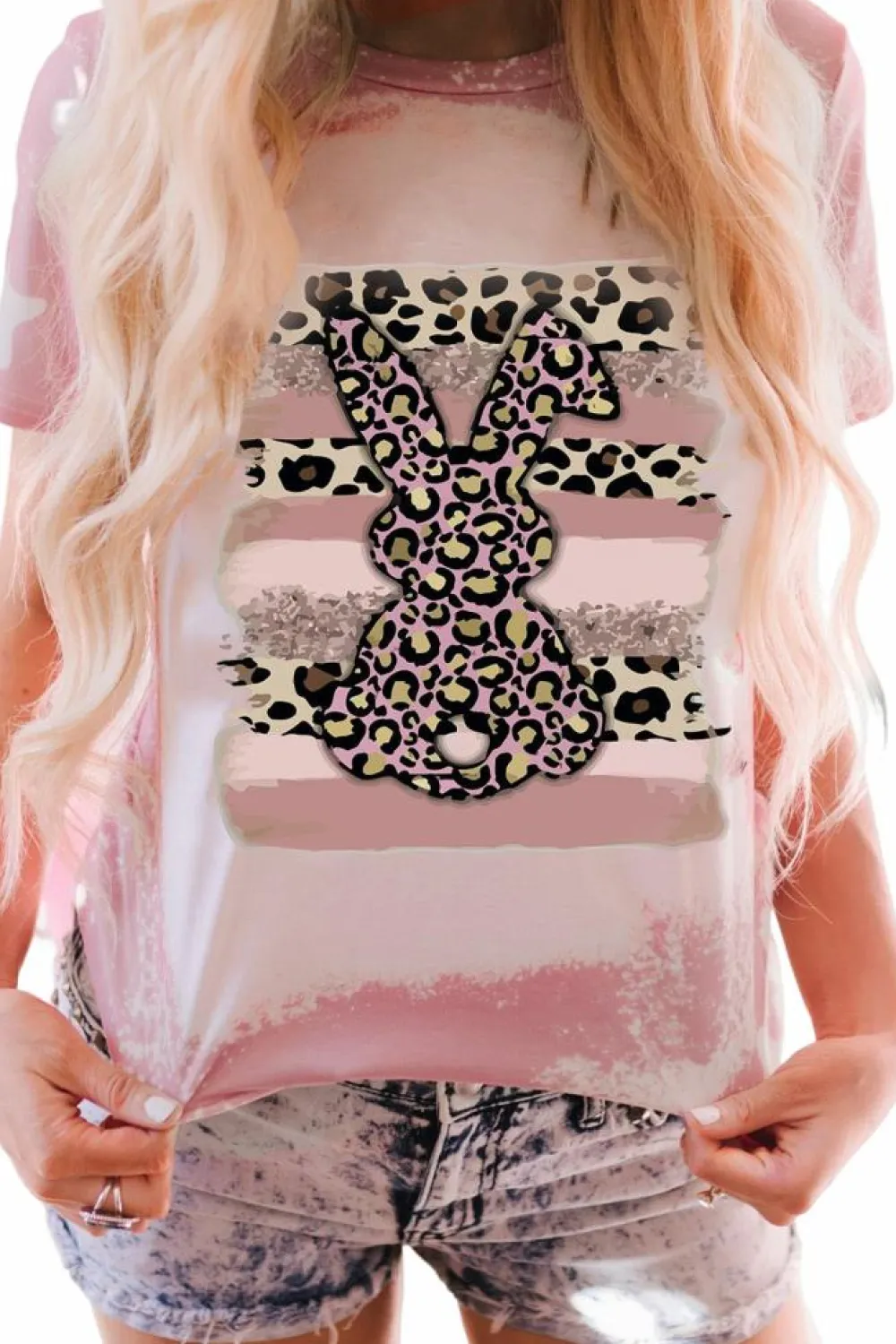 Hot Dear-Lover Tie Dye Contrast Leopard Rabbit Graphic T Shirt Pink