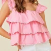 Best Dear-Lover Tiered Heart Trim Square Neck Flutter Top Pink