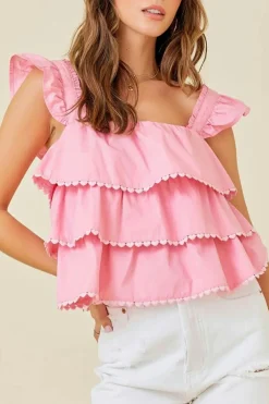 Best Dear-Lover Tiered Heart Trim Square Neck Flutter Top Pink
