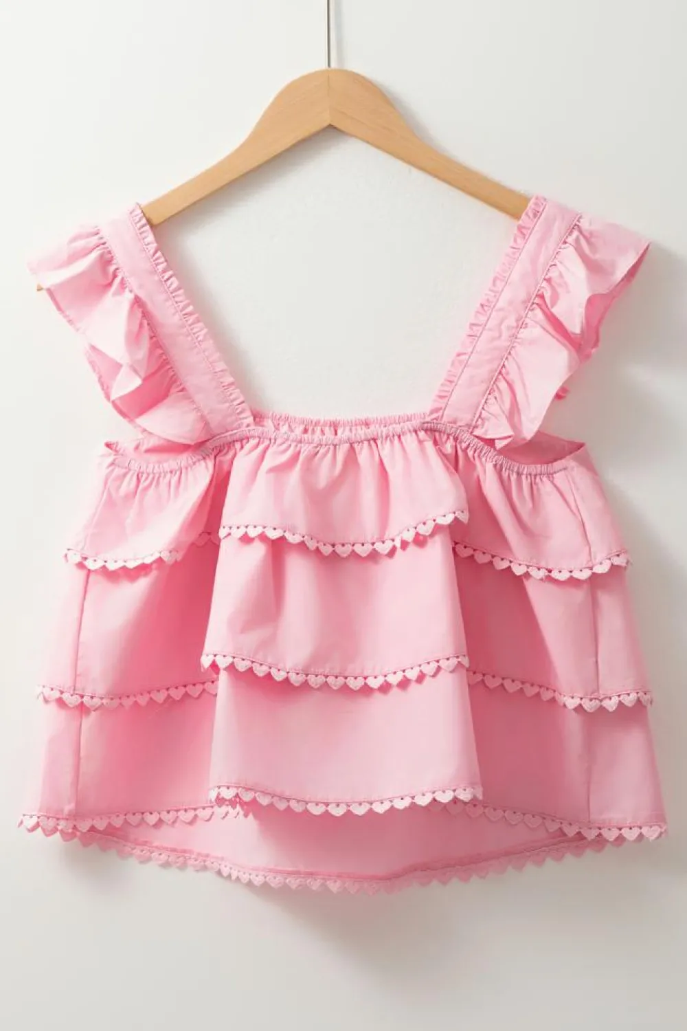 Best Dear-Lover Tiered Heart Trim Square Neck Flutter Top Pink