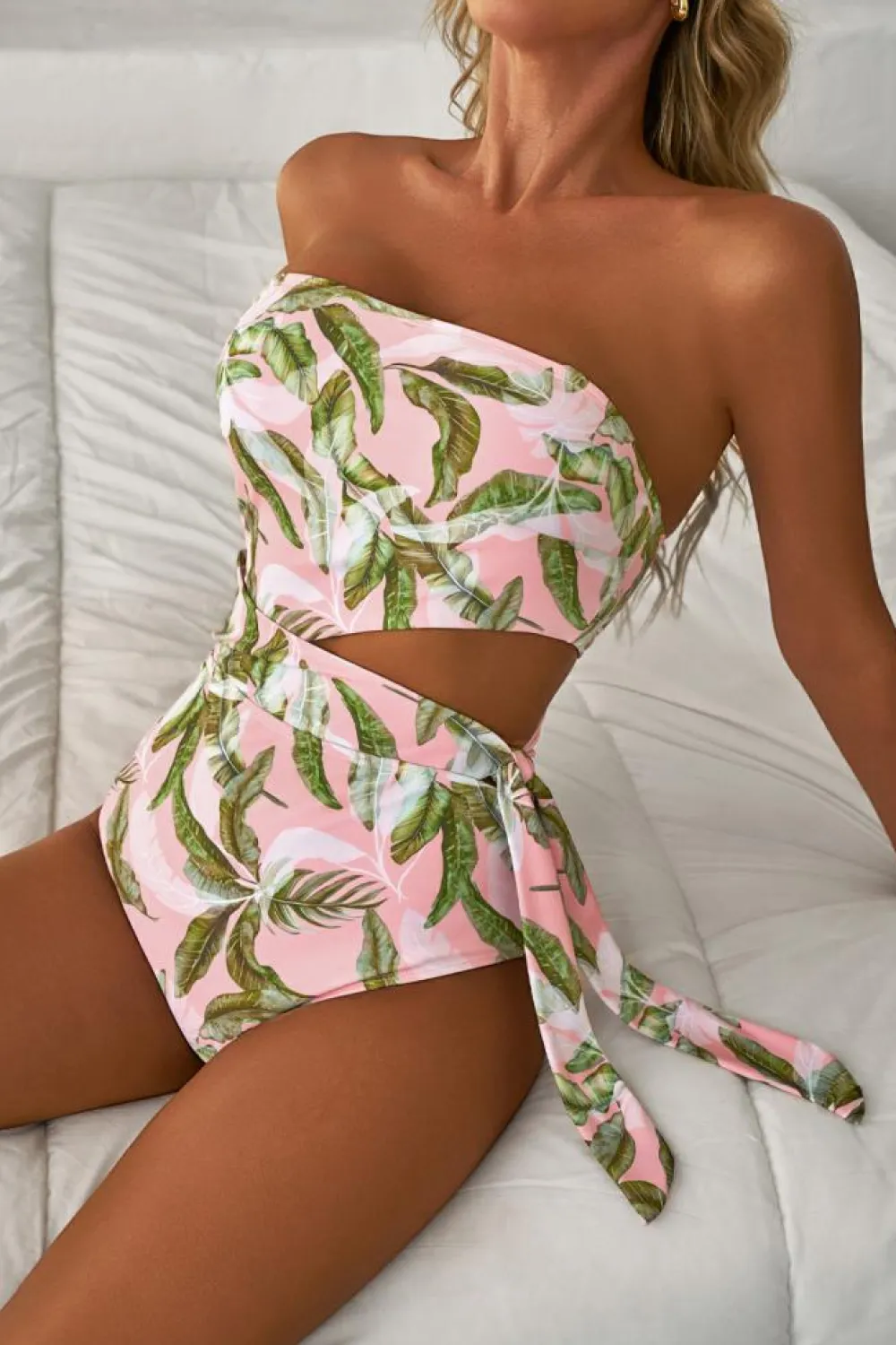 Best Dear-Lover Tropical Asymmetric Cut out Halter Backless One Piece Swimwear Pink
