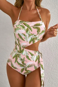 Best Dear-Lover Tropical Asymmetric Cut out Halter Backless One Piece Swimwear Pink