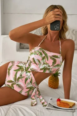 Best Dear-Lover Tropical Asymmetric Cut out Halter Backless One Piece Swimwear Pink