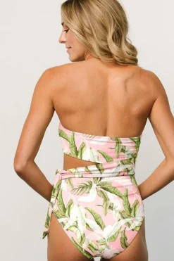 Best Dear-Lover Tropical Asymmetric Cut out Halter Backless One Piece Swimwear Pink