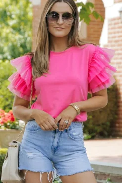 Clearance Dear-Lover Tulle Ruffle Sleeve Blouse Pink