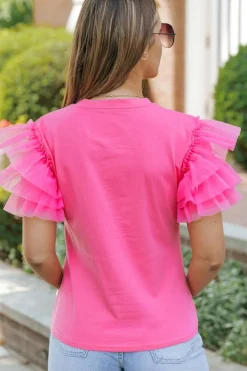 Clearance Dear-Lover Tulle Ruffle Sleeve Blouse Pink