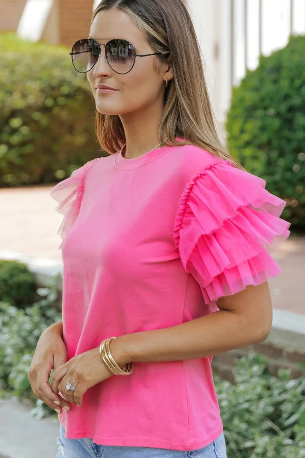 Clearance Dear-Lover Tulle Ruffle Sleeve Blouse Pink