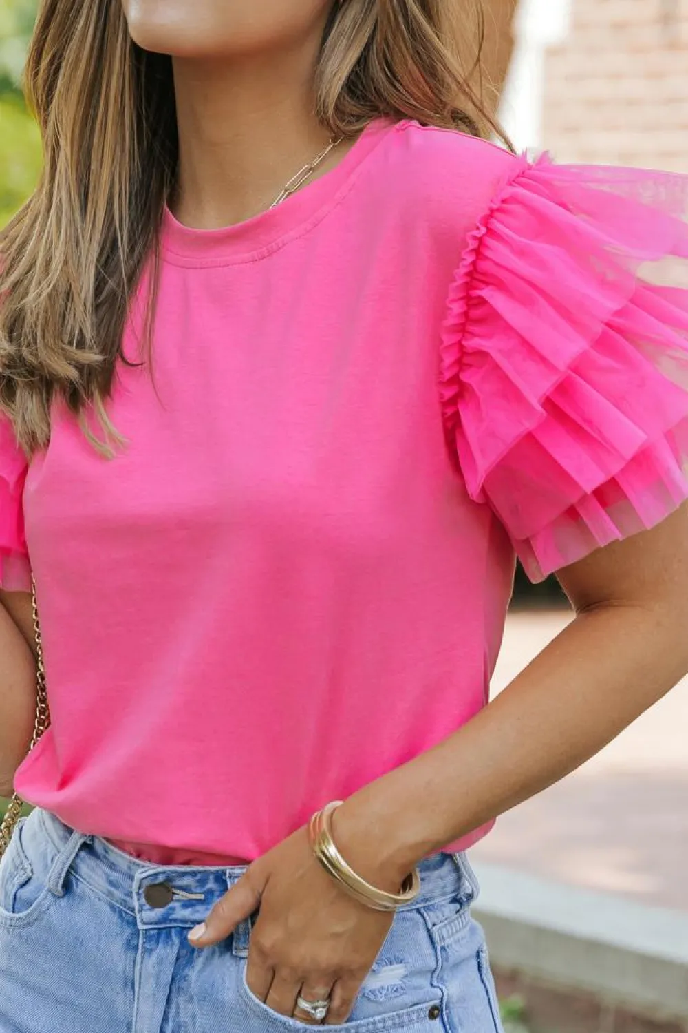 Clearance Dear-Lover Tulle Ruffle Sleeve Blouse Pink