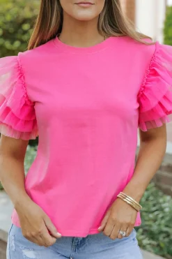 Clearance Dear-Lover Tulle Ruffle Sleeve Blouse Pink