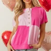Online Dear-Lover Two Tone Half Buttons Collared T Shirt Pink