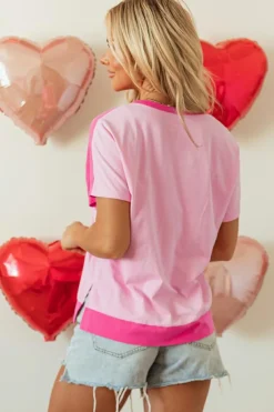 Online Dear-Lover Two Tone Half Buttons Collared T Shirt Pink