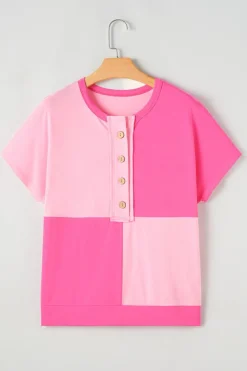 Online Dear-Lover Two Tone Half Buttons Collared T Shirt Pink