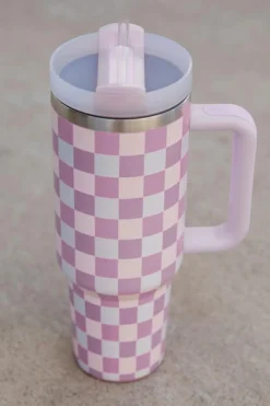 Best Dear-Lover Two-Tone Checkered Stainless Cup With Handle 40oz Pink