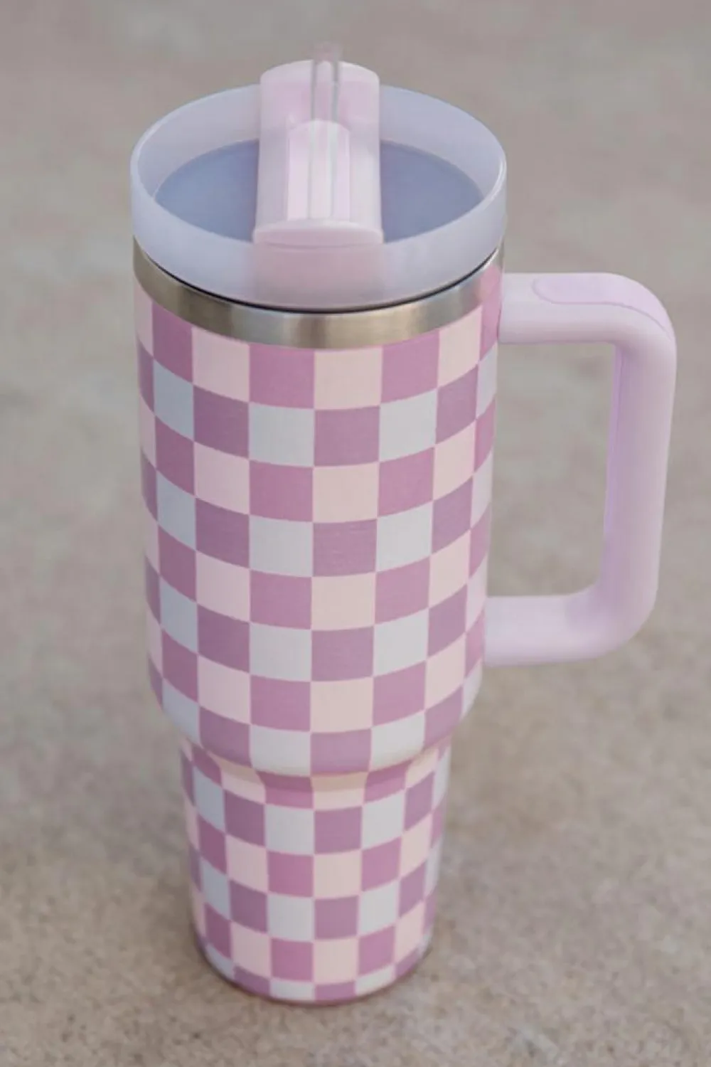 Best Dear-Lover Two-Tone Checkered Stainless Cup With Handle 40oz Pink