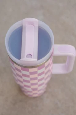 Best Dear-Lover Two-Tone Checkered Stainless Cup With Handle 40oz Pink