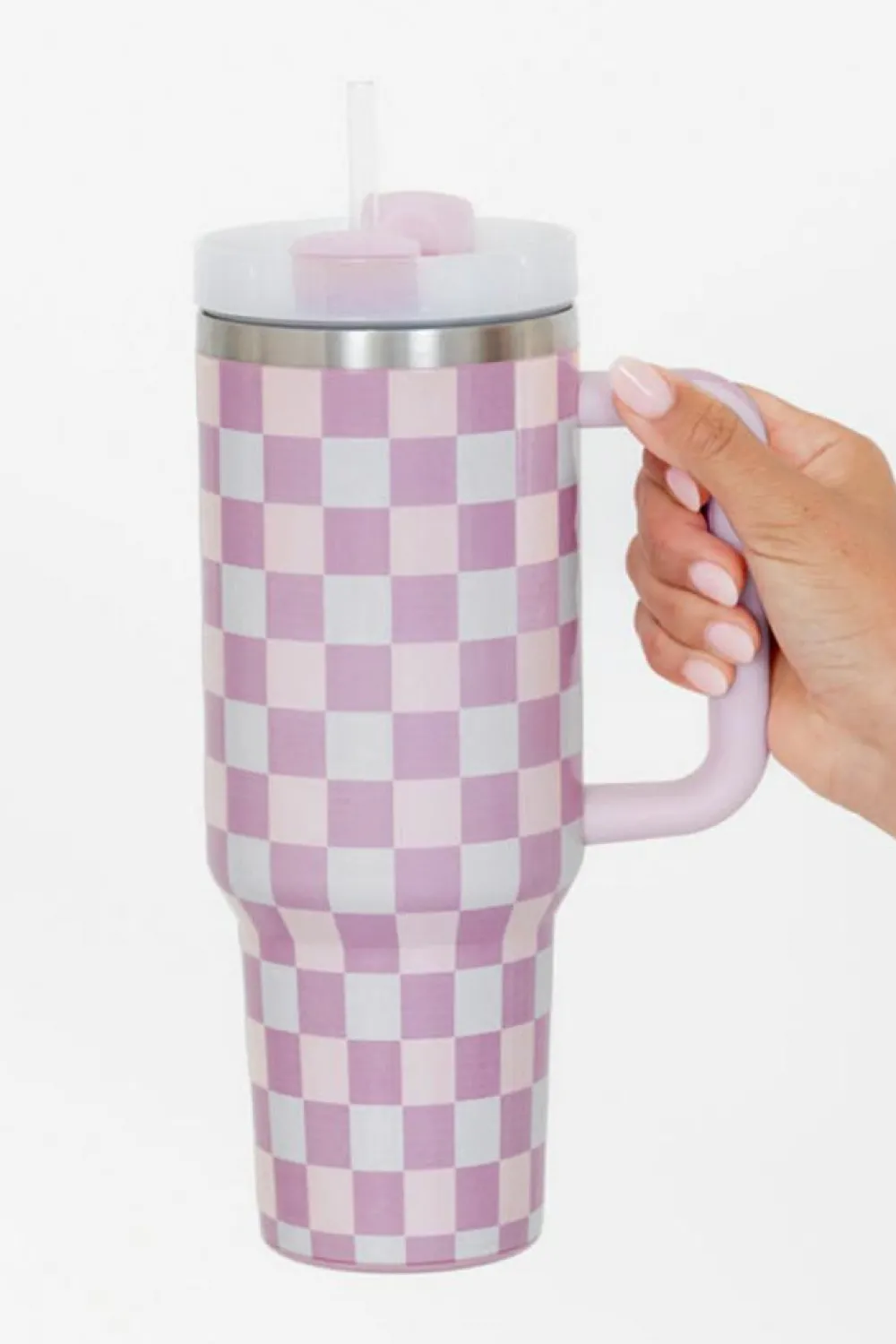 Best Dear-Lover Two-Tone Checkered Stainless Cup With Handle 40oz Pink