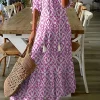Outlet Dear-Lover V Neck Casual Geometric Print Maxi Dress Pink