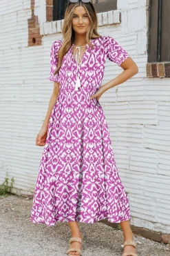Outlet Dear-Lover V Neck Casual Geometric Print Maxi Dress Pink