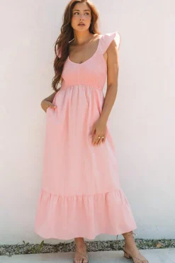 Online Dear-Lover Pink V Neck Flutter Sleeve Smocked Bodice High Waist Ruffle Maxi Dress Apricot Pink