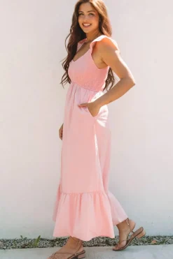 Online Dear-Lover Pink V Neck Flutter Sleeve Smocked Bodice High Waist Ruffle Maxi Dress Apricot Pink