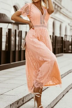 Hot Dear-Lover V Neck High Waist Lace Maxi Dress Pink
