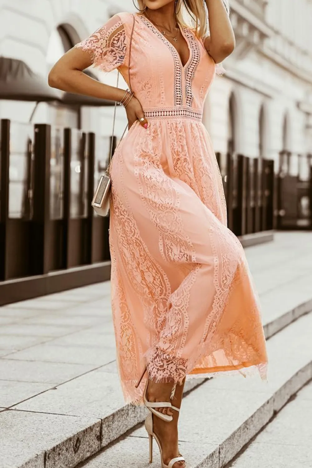 Hot Dear-Lover V Neck High Waist Lace Maxi Dress Pink