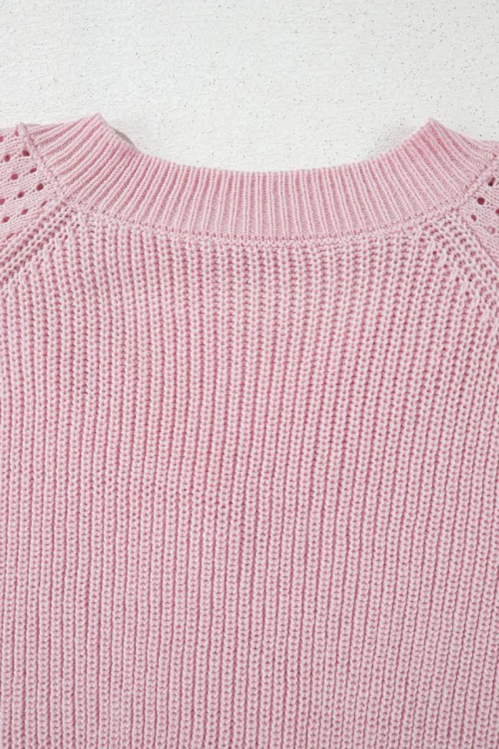 Fashion Dear-Lover V Neck Knitted Eyelets Raglan Sleeve Sweater Pink