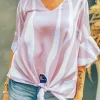 Discount Dear-Lover Vertical Stripes V Neck 3/4 Sleeve Blouse Pink
