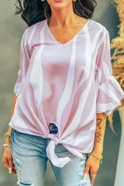 Discount Dear-Lover Vertical Stripes V Neck 3/4 Sleeve Blouse Pink