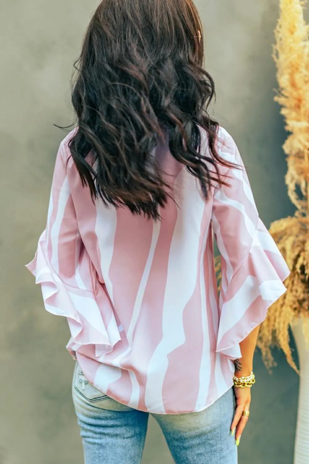 Discount Dear-Lover Vertical Stripes V Neck 3/4 Sleeve Blouse Pink