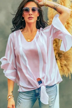 Discount Dear-Lover Vertical Stripes V Neck 3/4 Sleeve Blouse Pink