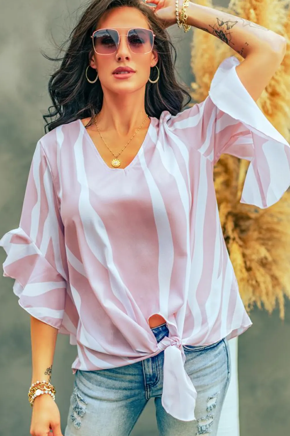 Discount Dear-Lover Vertical Stripes V Neck 3/4 Sleeve Blouse Pink
