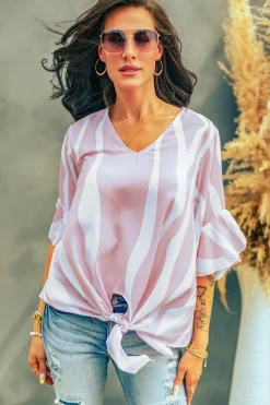 Discount Dear-Lover Vertical Stripes V Neck 3/4 Sleeve Blouse Pink