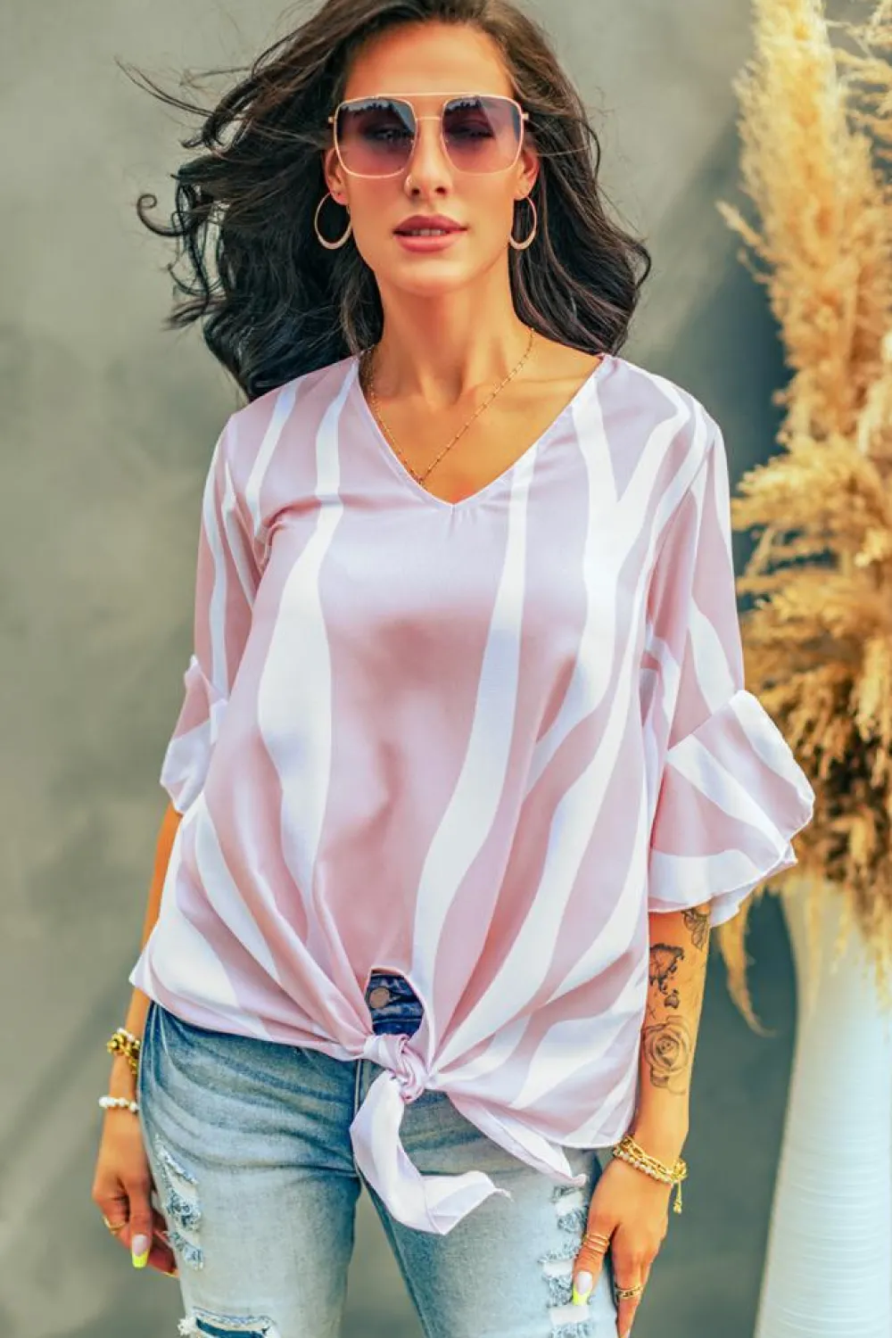 Discount Dear-Lover Vertical Stripes V Neck 3/4 Sleeve Blouse Pink