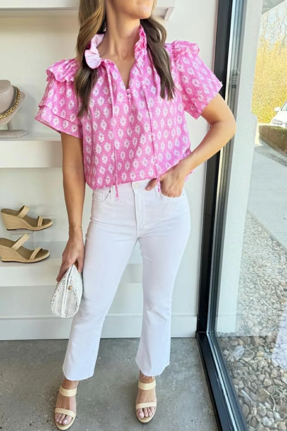 Discount Dear-Lover Vintage Floral Ruffled Split Neck Short Sleeve Blouse Pink