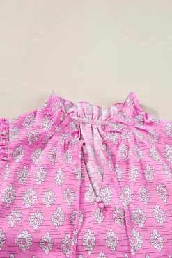 Discount Dear-Lover Vintage Floral Ruffled Split Neck Short Sleeve Blouse Pink