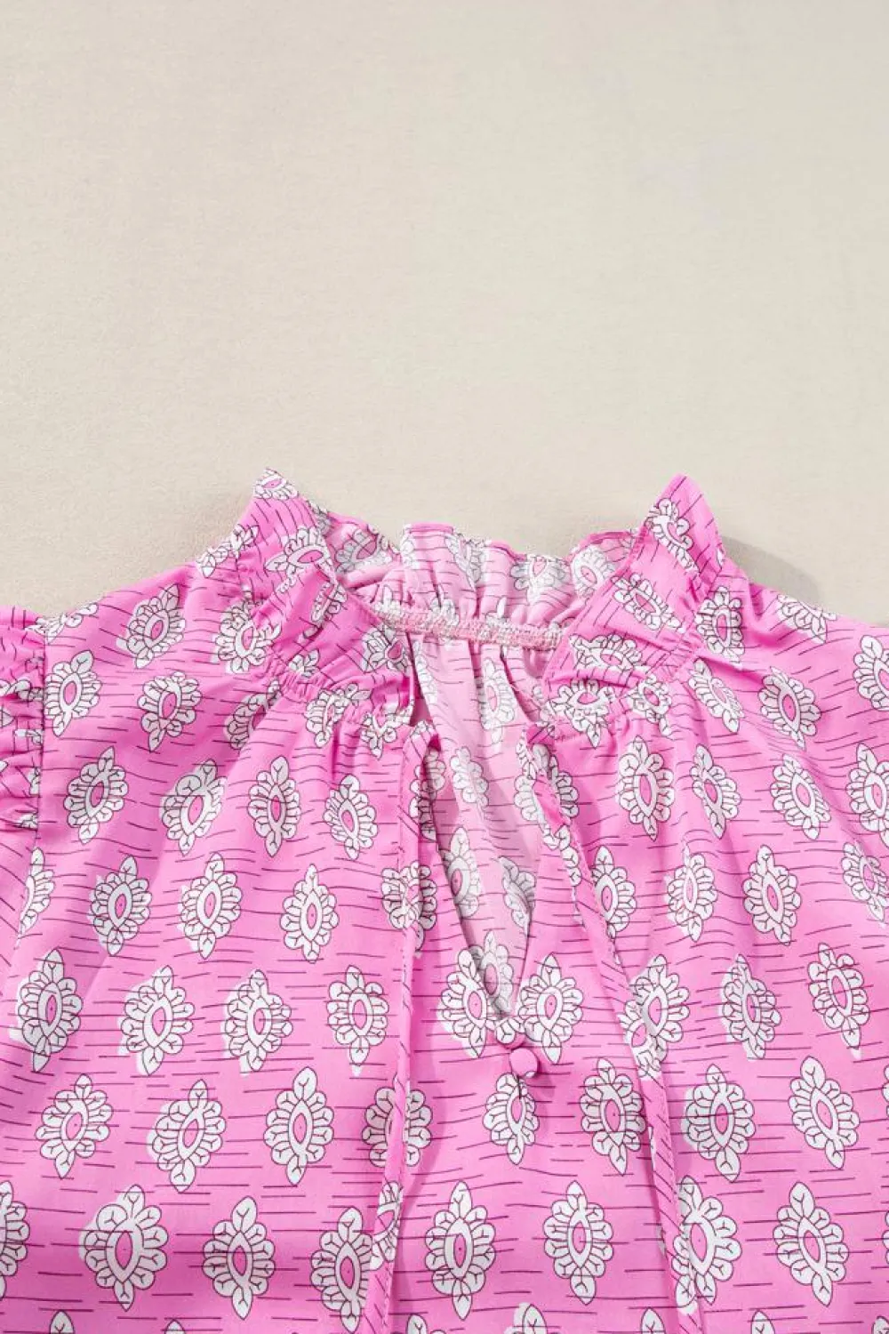 Discount Dear-Lover Vintage Floral Ruffled Split Neck Short Sleeve Blouse Pink