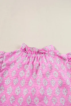Discount Dear-Lover Vintage Floral Ruffled Split Neck Short Sleeve Blouse Pink