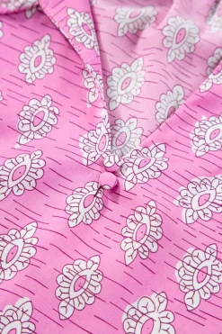 Discount Dear-Lover Vintage Floral Ruffled Split Neck Short Sleeve Blouse Pink