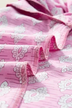 Discount Dear-Lover Vintage Floral Ruffled Split Neck Short Sleeve Blouse Pink