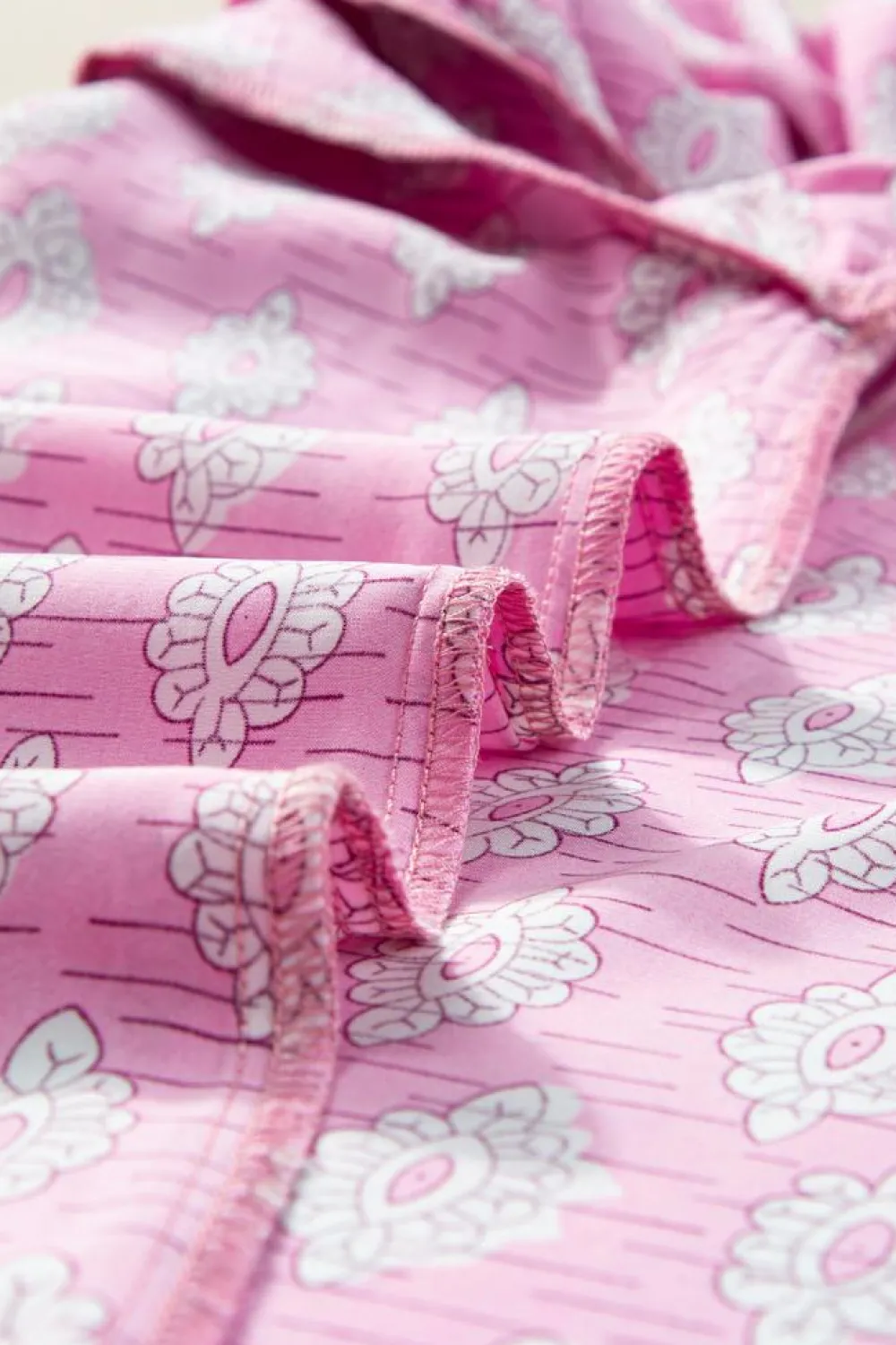 Discount Dear-Lover Vintage Floral Ruffled Split Neck Short Sleeve Blouse Pink