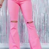 Sale Dear-Lover Vintage High Waist Flare Leg Ripped Raw Hem Jeans Pink