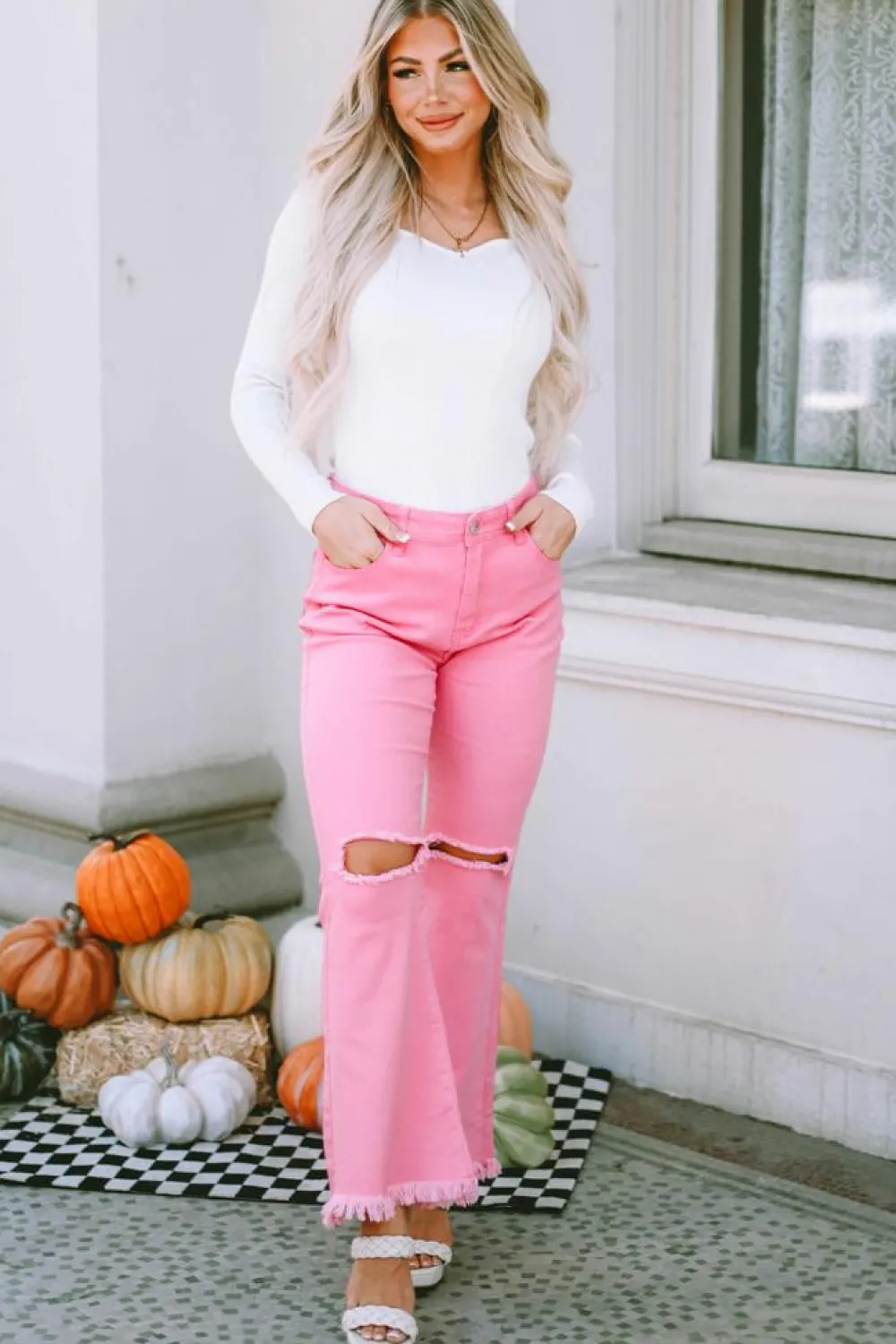 Sale Dear-Lover Vintage High Waist Flare Leg Ripped Raw Hem Jeans Pink