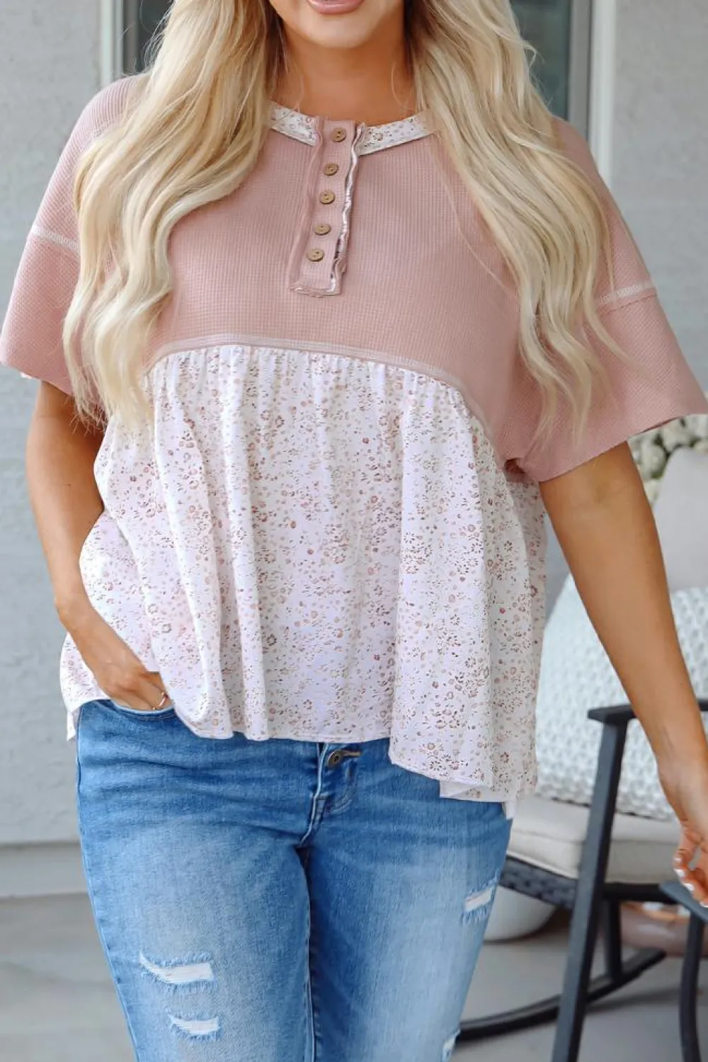 Outlet Dear-Lover Waffle Floral Patchwork Exposed Seam Detail Short Sleeve Top Pink