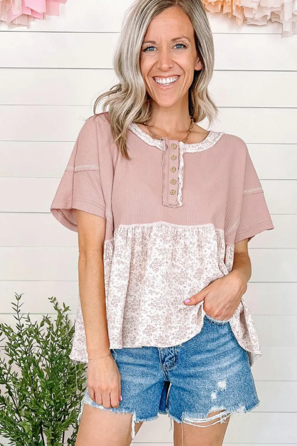 Outlet Dear-Lover Waffle Floral Patchwork Exposed Seam Detail Short Sleeve Top Pink