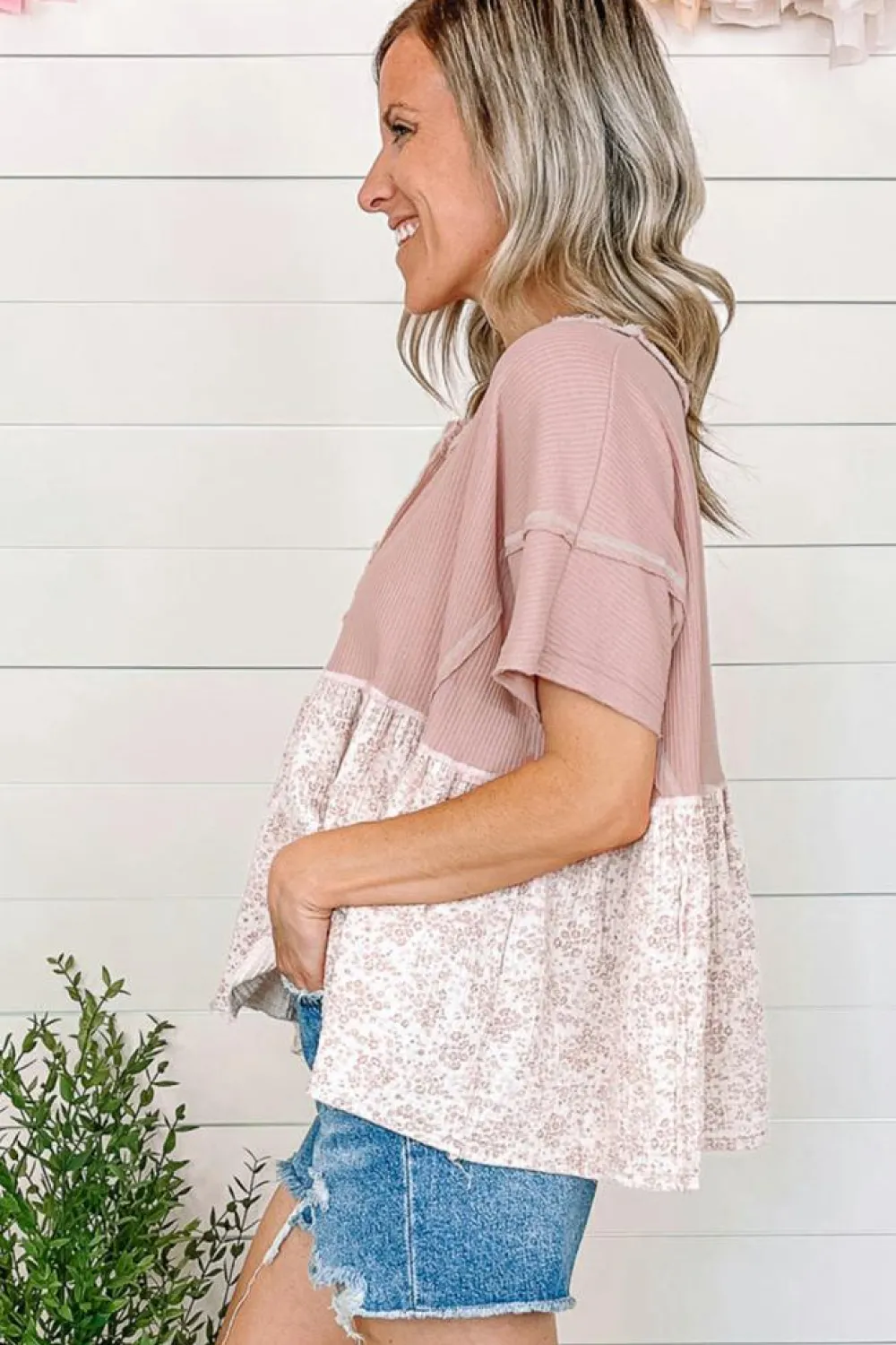 Outlet Dear-Lover Waffle Floral Patchwork Exposed Seam Detail Short Sleeve Top Pink