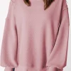 Hot Dear-Lover Waffle knit Bishop Sleeve Split Oversized Top Pink