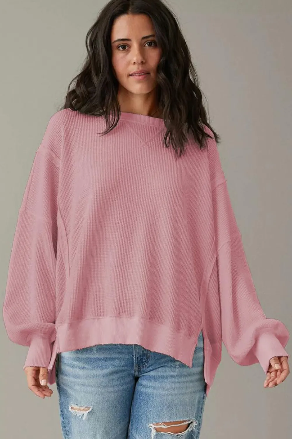 Hot Dear-Lover Waffle knit Bishop Sleeve Split Oversized Top Pink